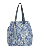 PRIMROSE Paisley Print Tote Bag with Tassel, Navy Blue and Light Blue Pattern, Long Shoulder Straps